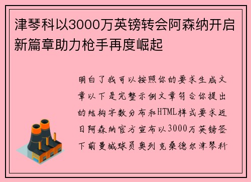 津琴科以3000万英镑转会阿森纳开启新篇章助力枪手再度崛起